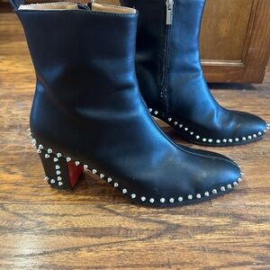 Black Studded Ankle Boots with Red Heel Accent